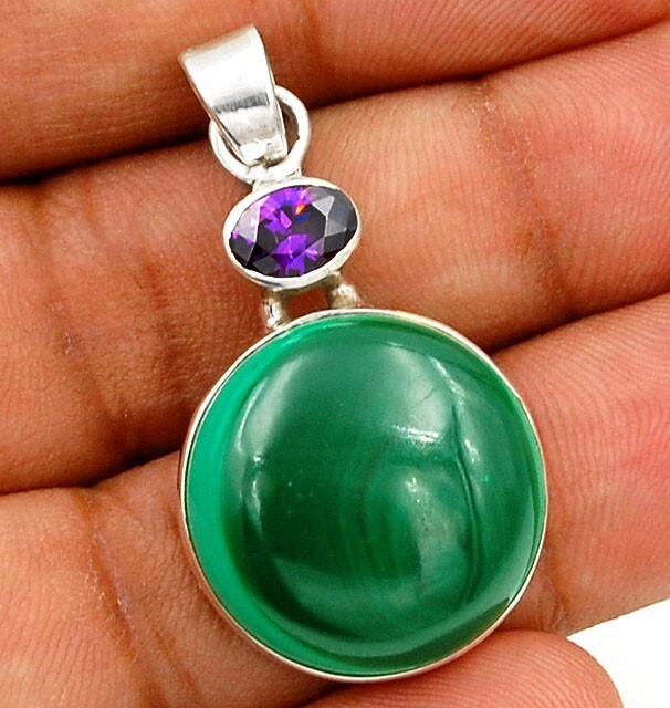 Natural Malachite and Amethyst 925 Sterling Silver Pendant Necklace B16-1