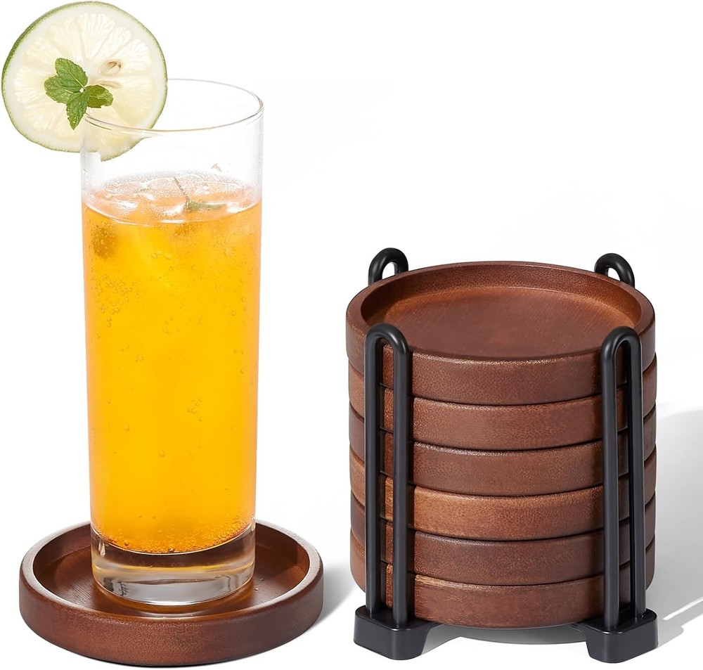 Set of 6 Wooden Coasters With Holder - Coffee Table Coasters for Drinks, Mode...