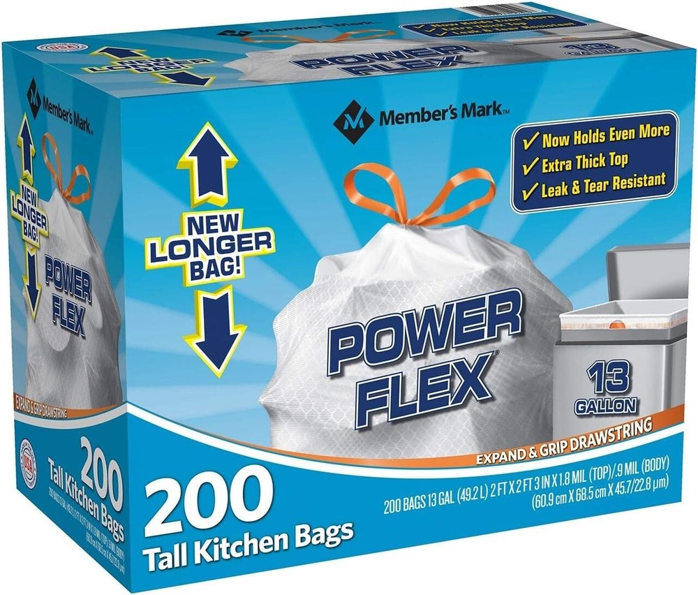 Member's Mark Power Flex Tall Kitchen Drawstring Trash Bags 13 Gallon