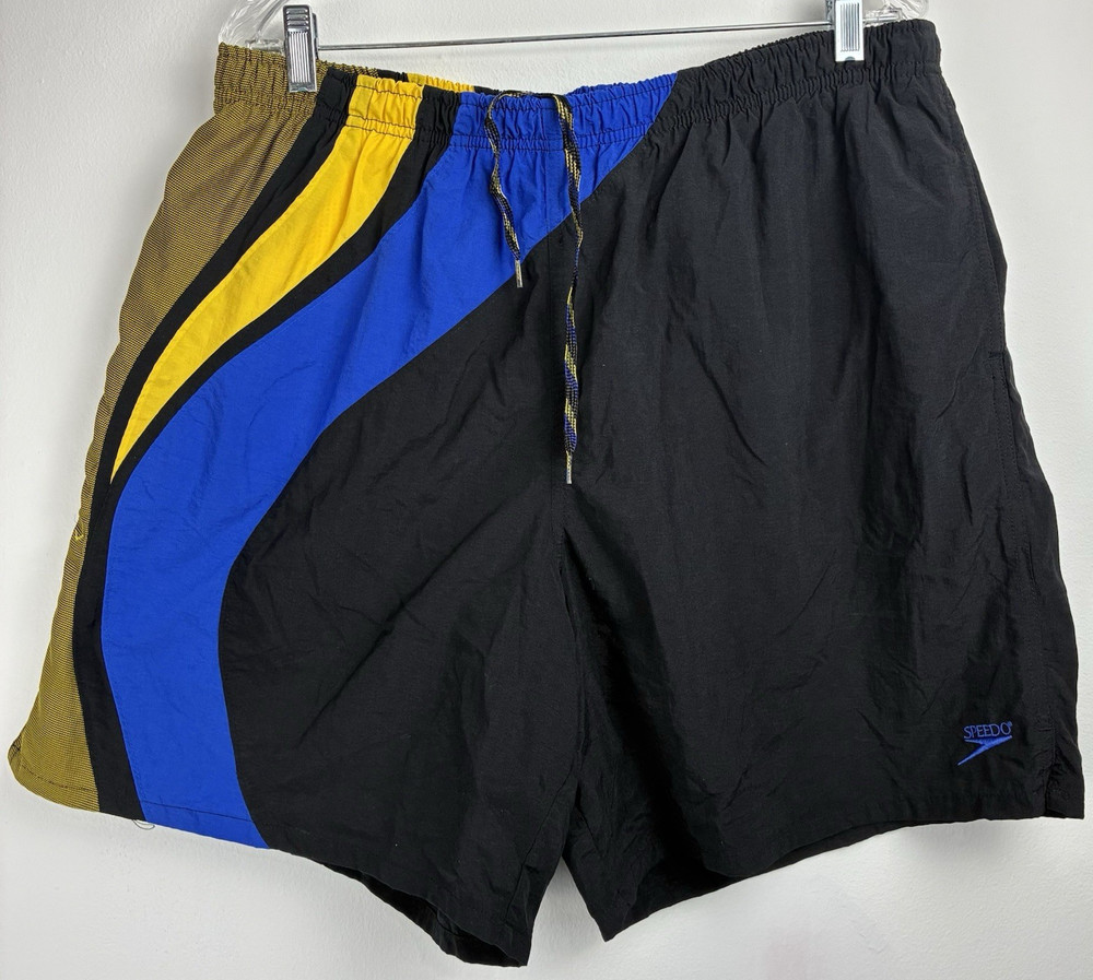 Speedo Men’s Swim Trunks XL Black Blue Yellow Colorblock Nylon Board Shorts