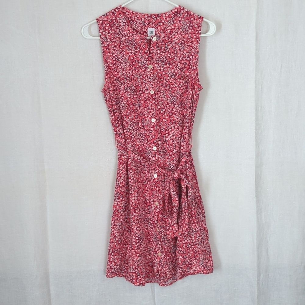 Gap Pink Microfloral Sleeveless Button Front Dress with Sash Size Small