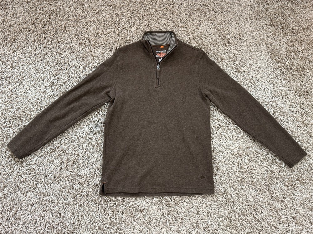 Dockers Brown Knit Quarter Zip Men's Small Striped Collar Embroidered Logo