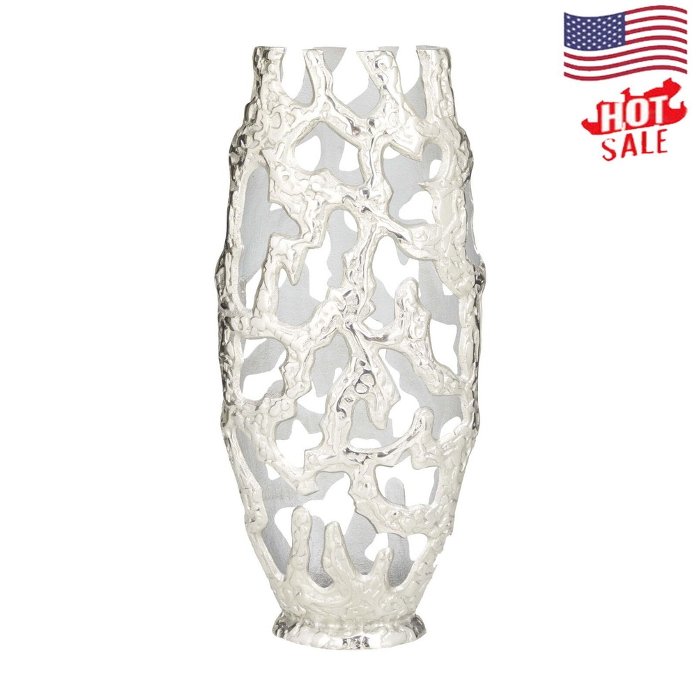 20 In Silver Aluminum Vase Cut Out Designs Hammered Coral Reef Exterior Look New