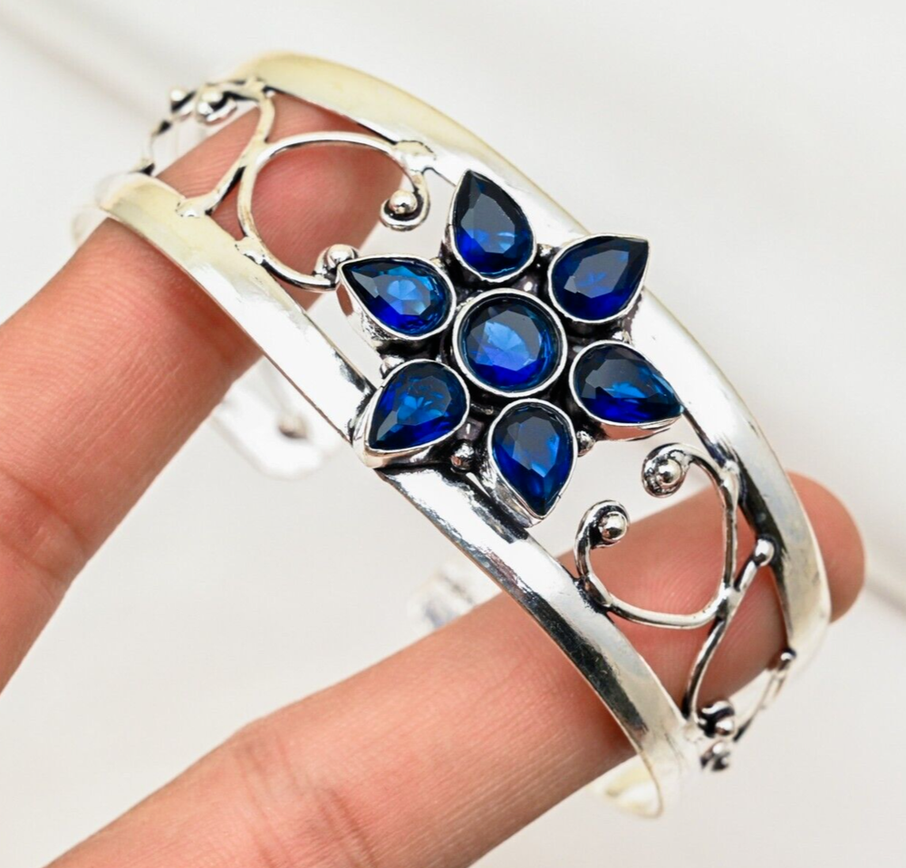 Lab-Created Blue Sapphire Sterling Silver Handmade Bracelet