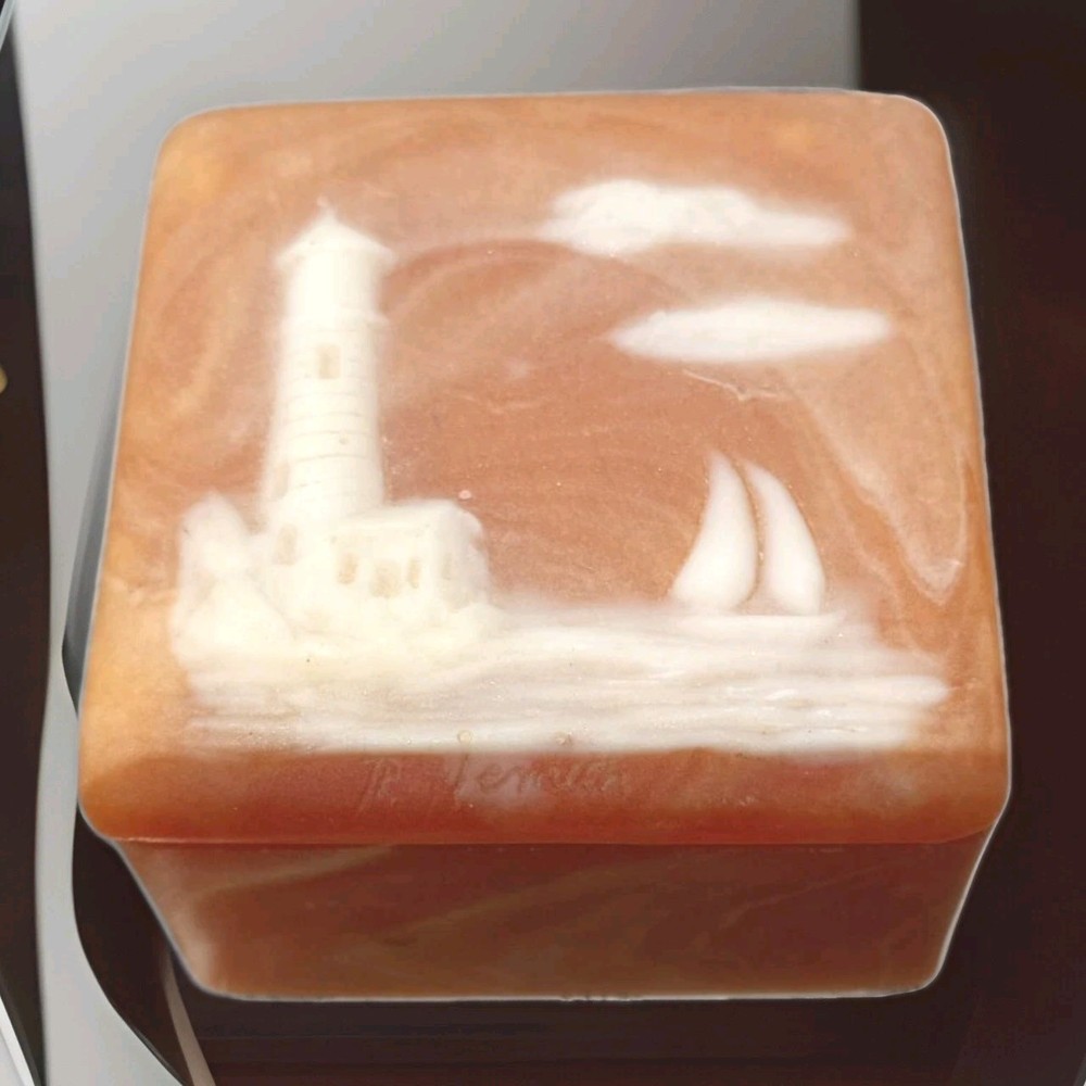 Vintage Handcarved Soapstone Trinket Box with Nautical Lighthouse Design