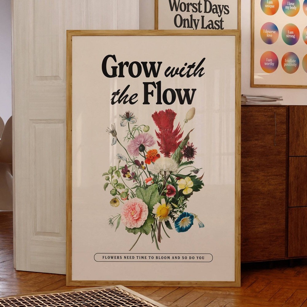 Positive Quote Print Botanical Floral Poster Trendy Wall Art Retro Wall Decor