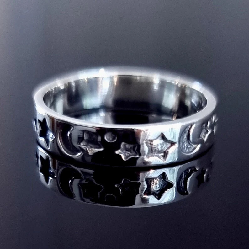 Solid 925 Sterling Silver Star & Moon Unisex Thin Celestial Band Ring Gift For