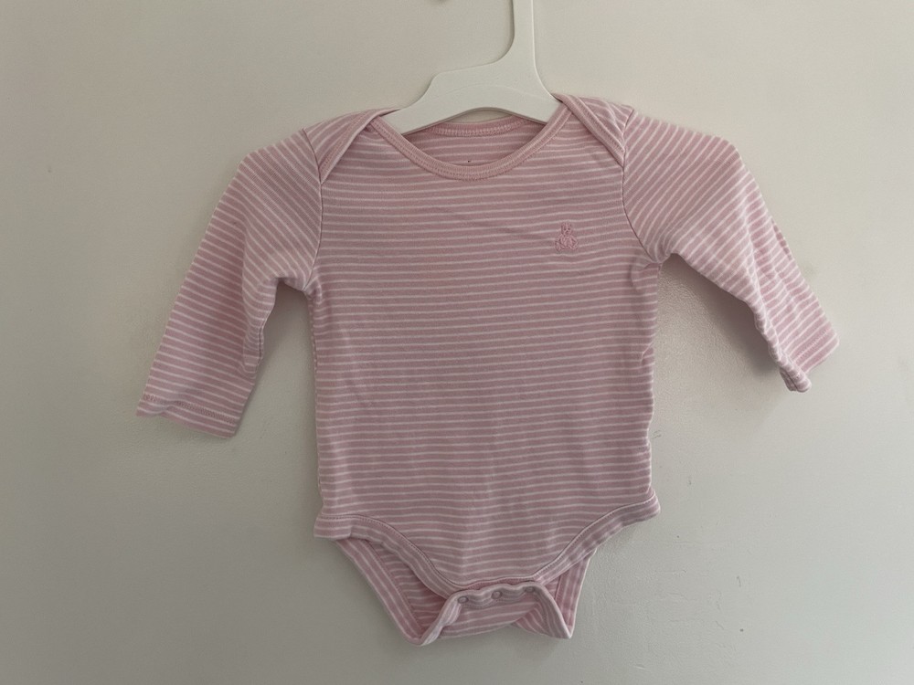 baby Gap Girls Embroidered Bear Striped Cotton Long Sleeve Bodysuit Pink 0-3M