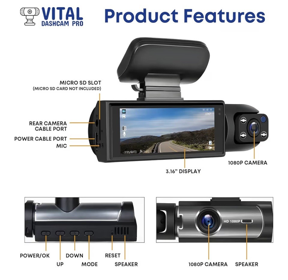 Vital Dashcam Pro 2025 Dash Cam Front and Rear Camera for Cars Dual Car Camera