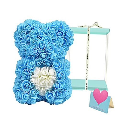 Rose Bear Handmade Flower Bears for Mothers Day, Valentines Day Blue Box Blue