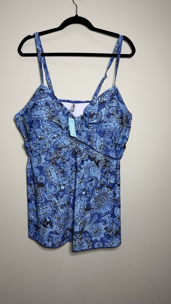 Aqua Eve Plus Size 24W Tankini Top Blue Paisley Boho Swimsuit Swim Top NWT
