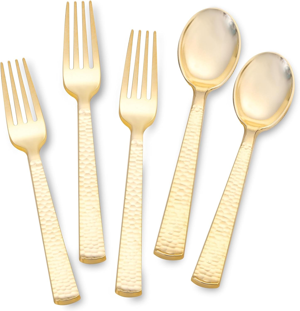 400PCS Gold Plastic Spoons and Forks Disposable - Gold Plastic Silverware Set Di
