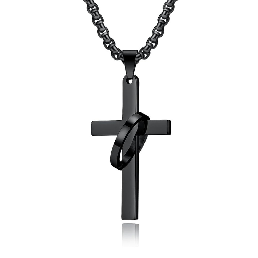 Black Cross Necklace for Men - Stainless Steel Jesus Christ Crucifix Pendant with Chain