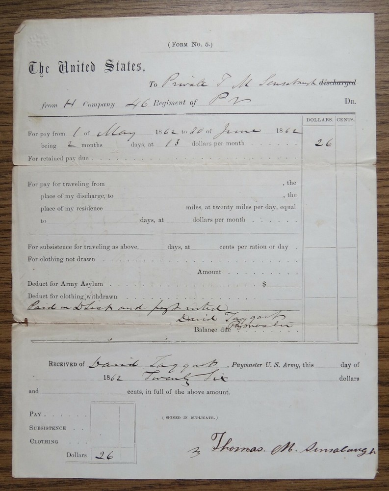 1862 Civil War Payment Voucher - J.M. Lensaburgh 46th PA Regiment $26 Military Pay Document-image