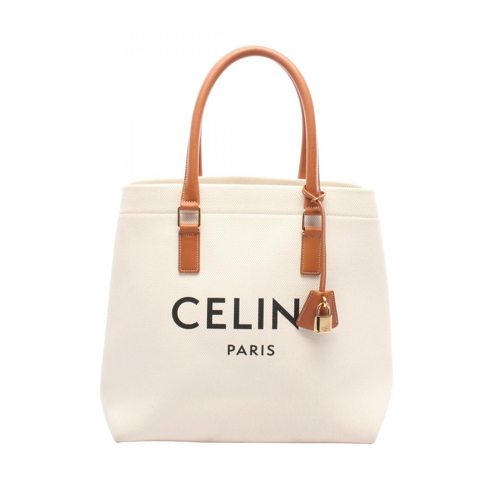 CELINE Horizontal Cabas Tote in White Brown Canvas and Leather Pre-Owned 192162BNZ.02NT