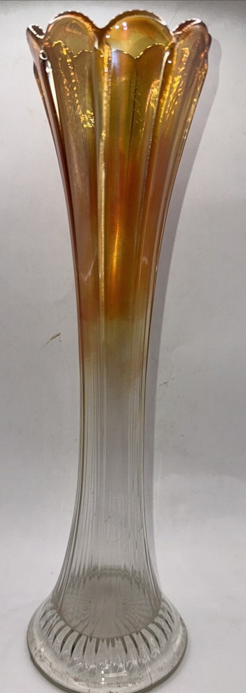Swung Carnival Glass Imperial Marigold Iridescent Ribbed Vase MCM Vintage 13”