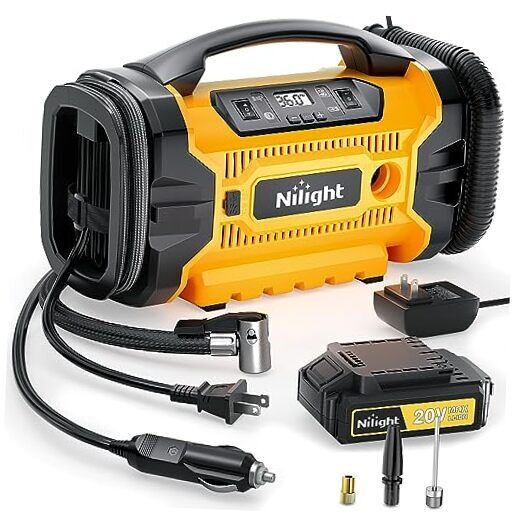 Portable Air Compressor and Tire Inflator - 1500mAh Rechargeable Battery, 12V