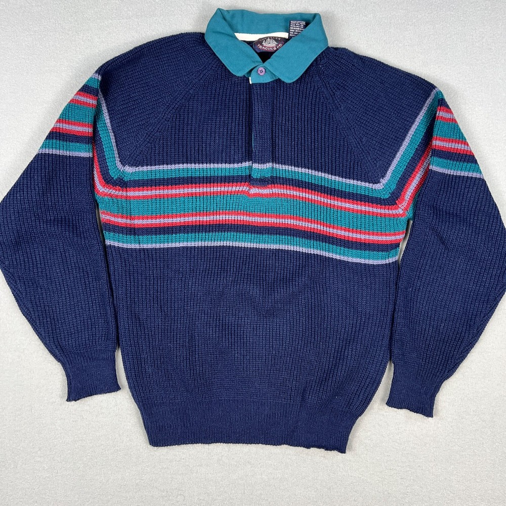 VTG 80s Aspetuck Trading Co Sweater Fits Small Striped Knit Rugby Pullover Korea