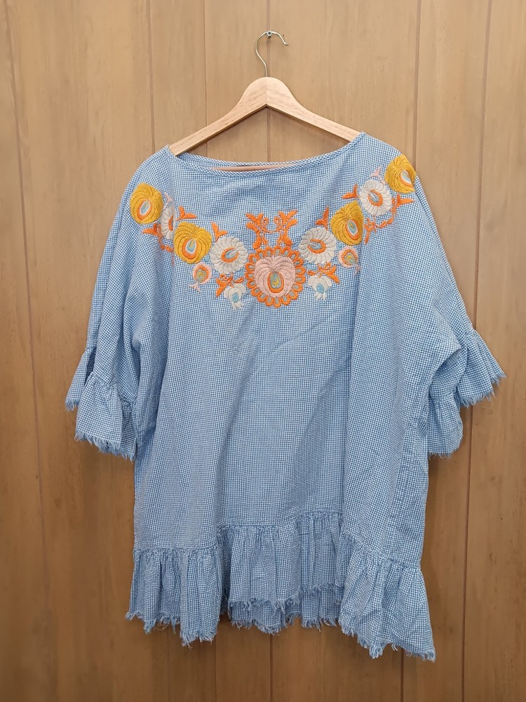 Zara Woman Blue Gingham Plaid Embroidered Floral Boho Blouse Ruffle Hem Size M