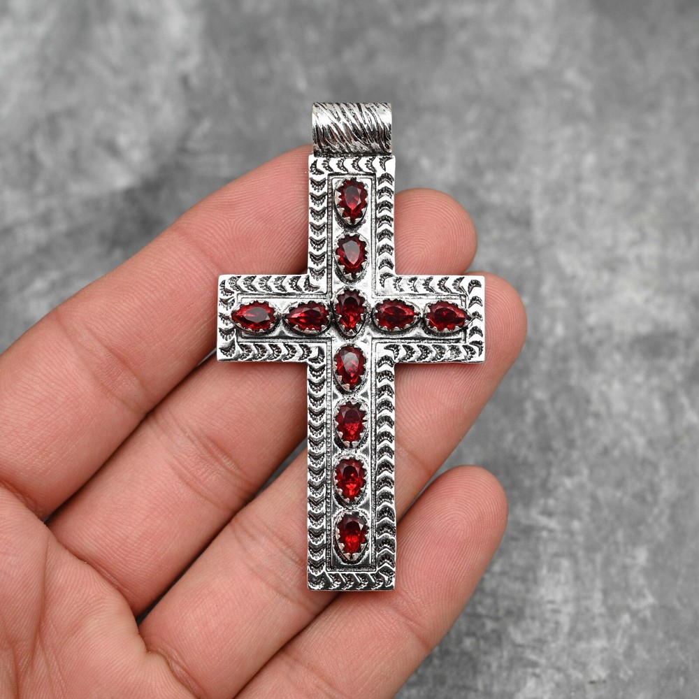 Natural Red Garnet Gemstone Cross Pendant in 925 Sterling Silver Handmade Jewelry  