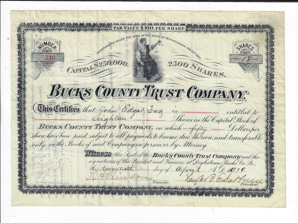 PENNSYLVANIA 1910 Bucks County Trust Co Stock Certificate Doylestown