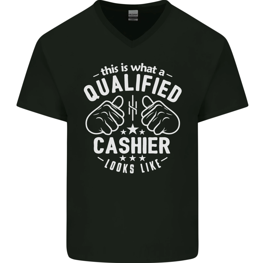 Qualified Cashier Design Mens V-Neck Cotton Tee