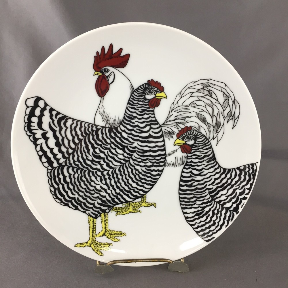 Fitz & Floyd Coq du Village White Rooster and Barred Chicken 7.5 Inch Salad Plate Vintage Farmhouse Design