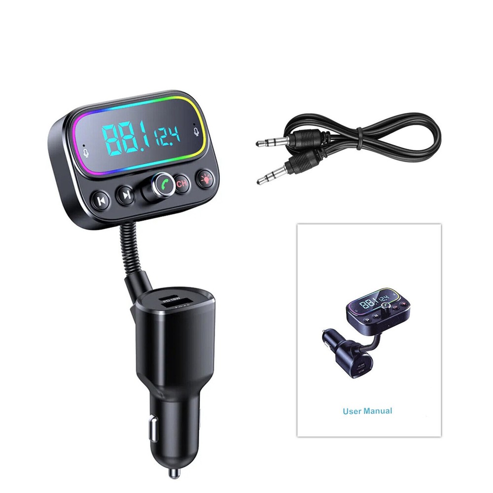 Bluetooth 5.0 FM Transmitter with Dual USB & Type-C Charging AUX Hands-Free for Cars