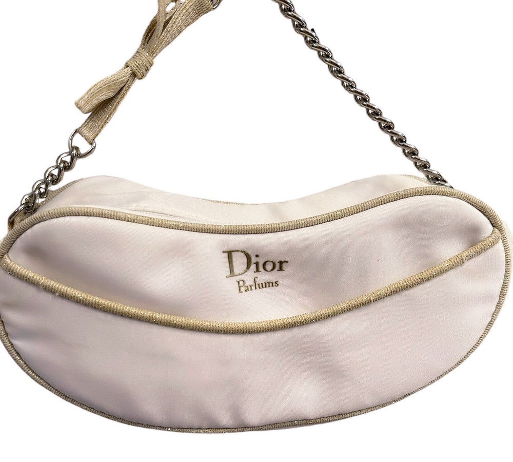 Dior White Kidney Shaped Makeup Bag with Silver Chain Handle