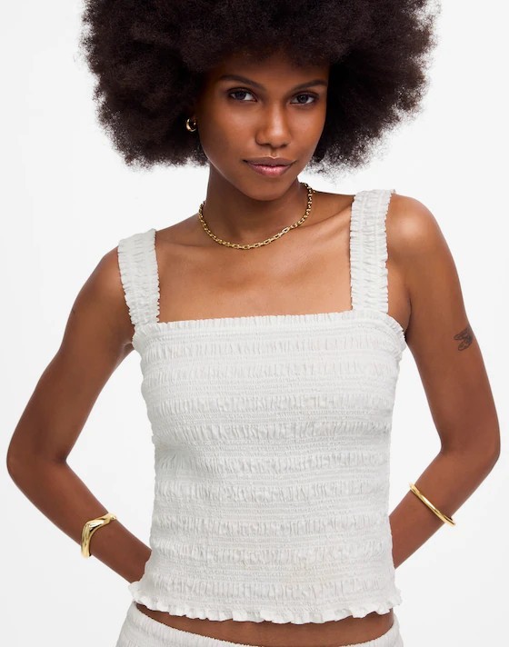 Madewell Top Womens XS Poplin Smocked Tank White Sleeveless Crop Slim Fit NV568