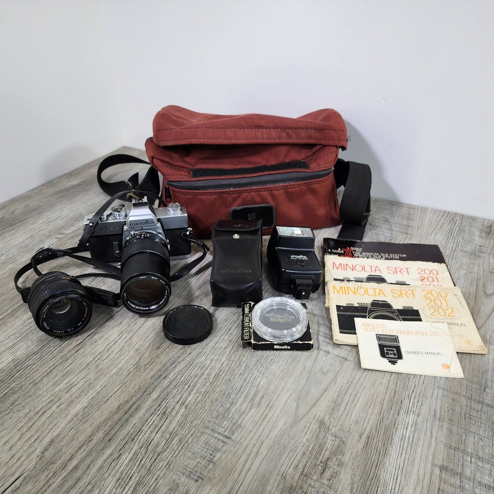 Vintage Minolta SRT202 35MM SLR Film Camera Shutter Tested Lens Bag Bundle *Read