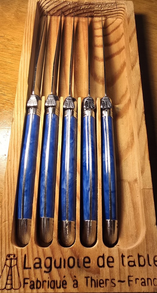 Authentic French Laguiole 5-Piece Steak Knife Set with Blue Marble and Silver Handle