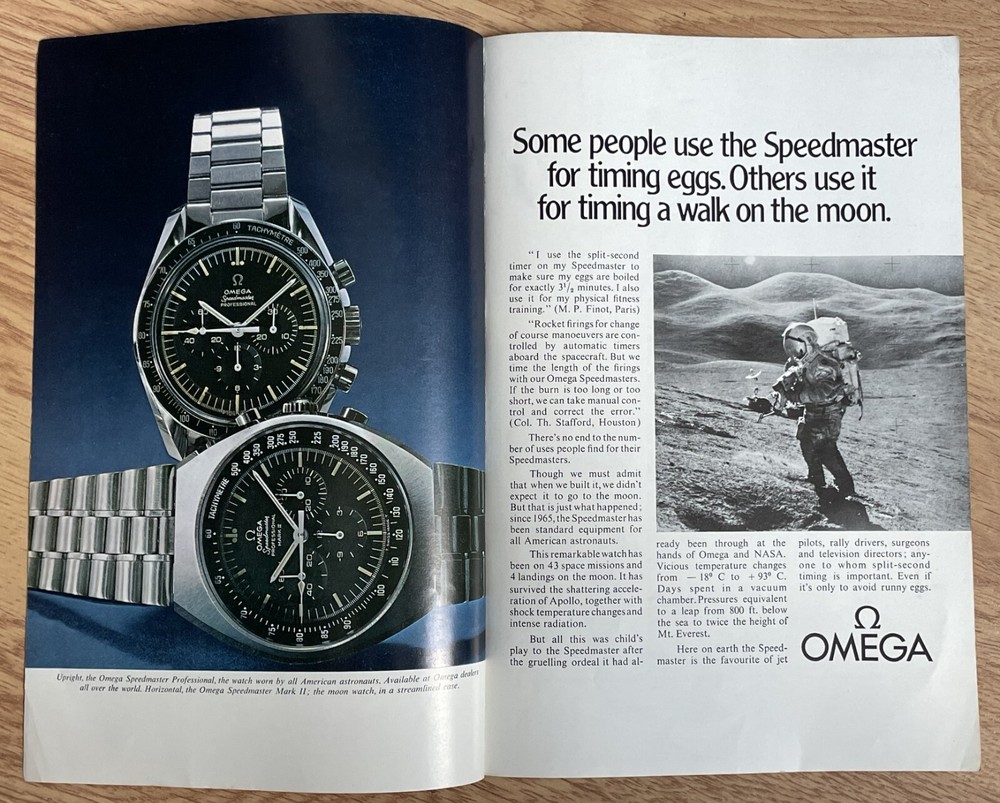 Vintage 1971 OMEGA Speedmaster Moon Watch Astronaut Original 2-Page Print Ad