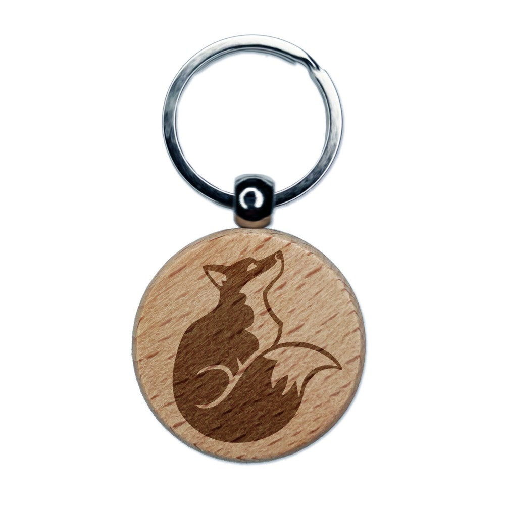 Sitting Fox Engraved Wooden Round Keychain Charm with Upward Gaze  