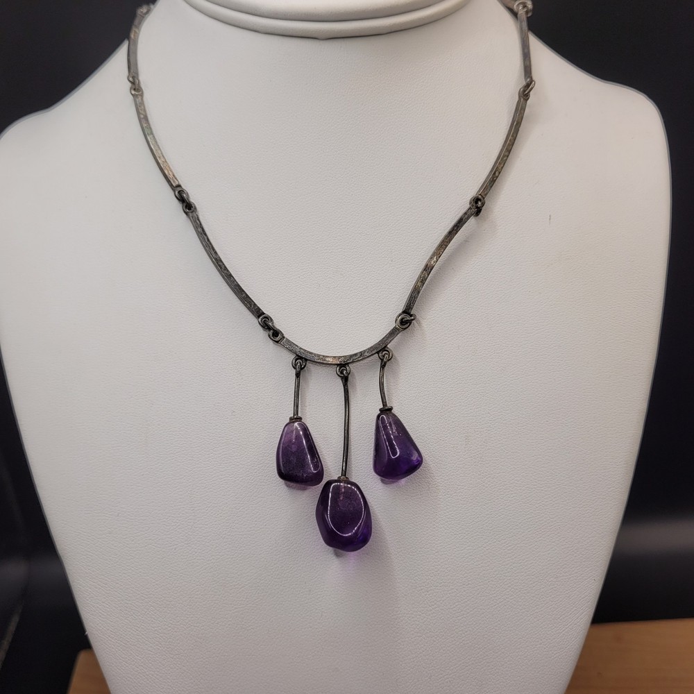 1950s Neils Eric From Danish Modern Sterling 925 Amethyst Drop Necklace
