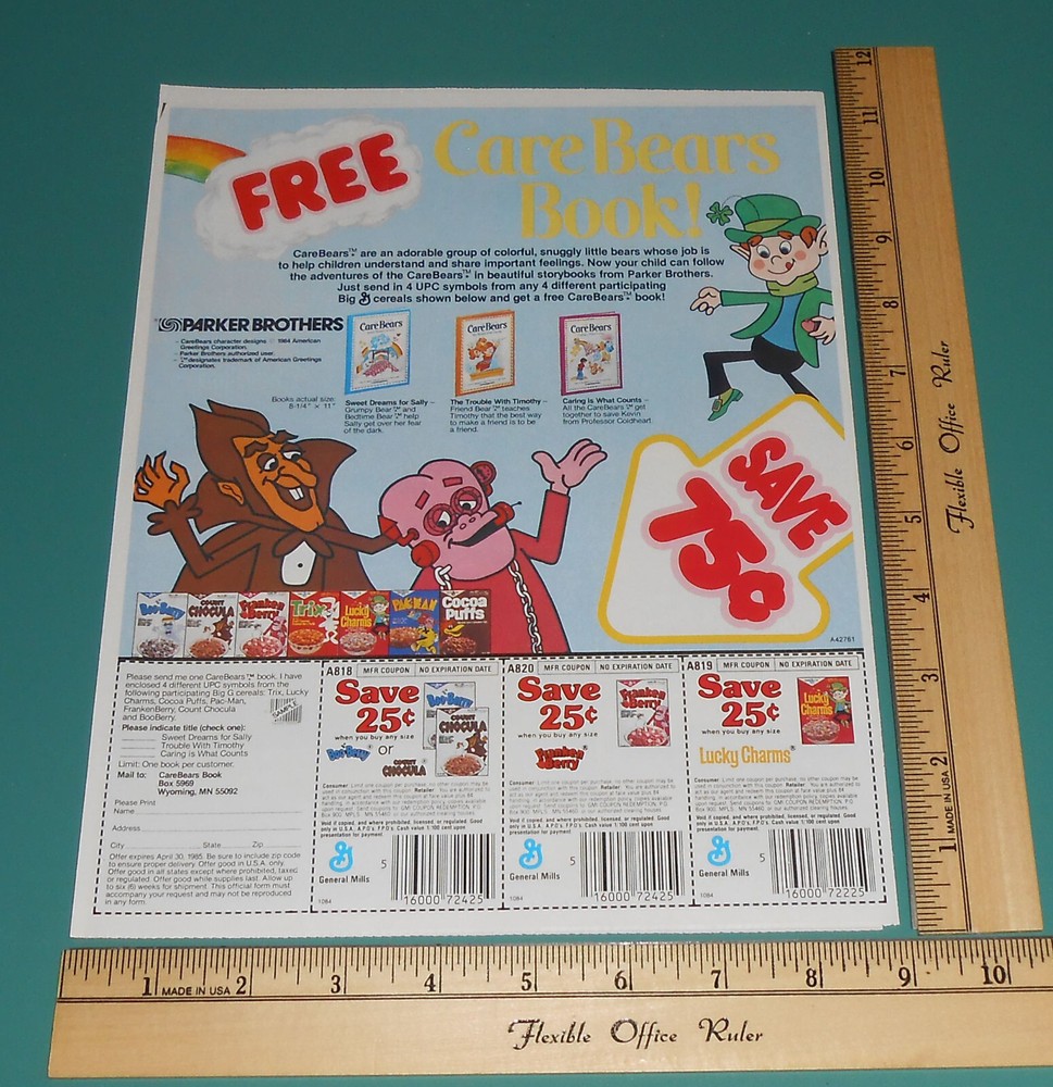 Vintage 1984 Halloween Cereal Ad Featuring Count Chocula Boo Berry Pac-Man Care Bears Coupon  -image