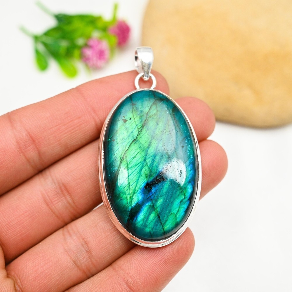 Blue Flash Labradorite Pendant in 925 Sterling Silver Handmade Jewelry  
