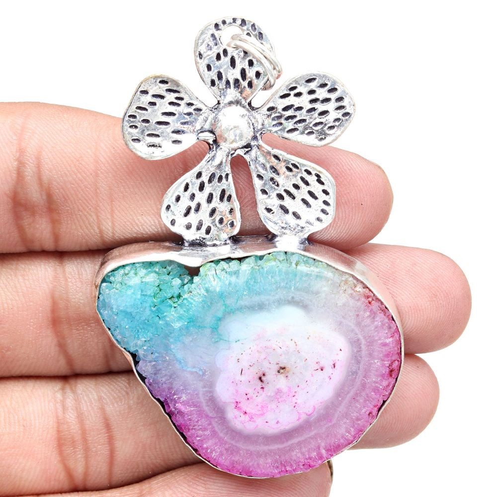 Solar Drusy Gemstone Pendant Necklace Silver Jewelry Gift For Her 2.75 Inch