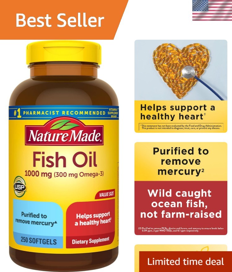 Pharmacist Recommended Omega 3 Fish Oil 1000mg Softgels for Heart Health - 250 Count