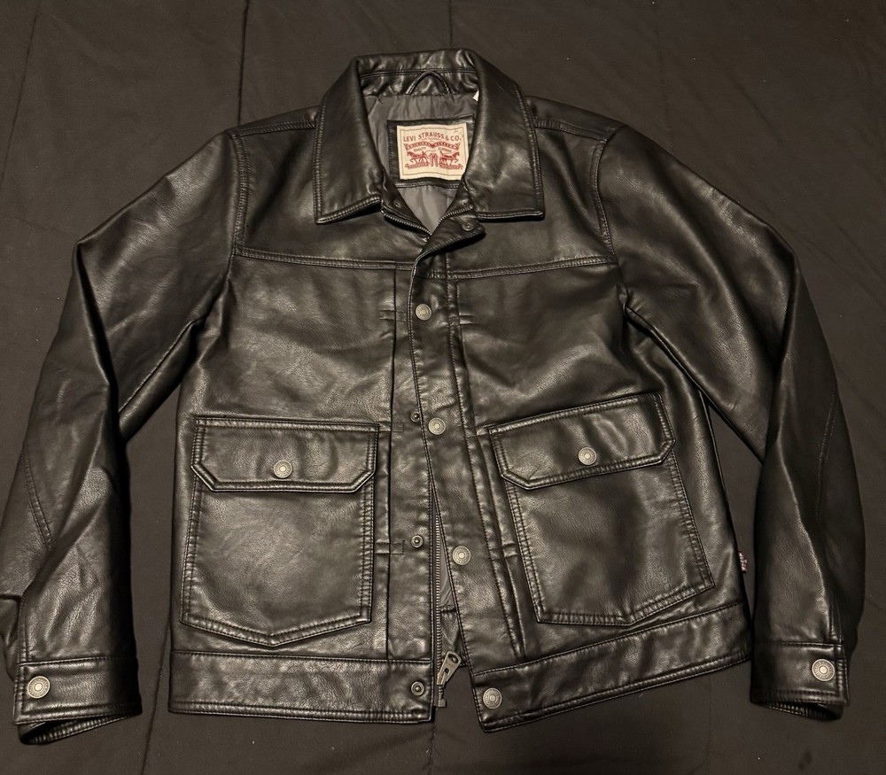 Levi's Black Faux Leather Jacket Men's Button And Zipper Size Small!
