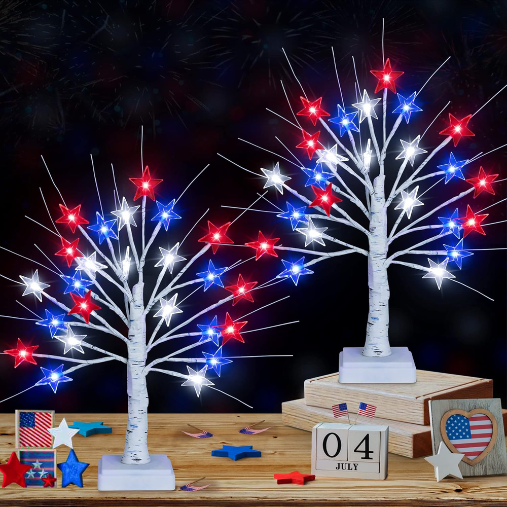 [Timer] 2 Pack 18 Inch 4Th of July Patriotic Decorations Tree Light with 24 LED