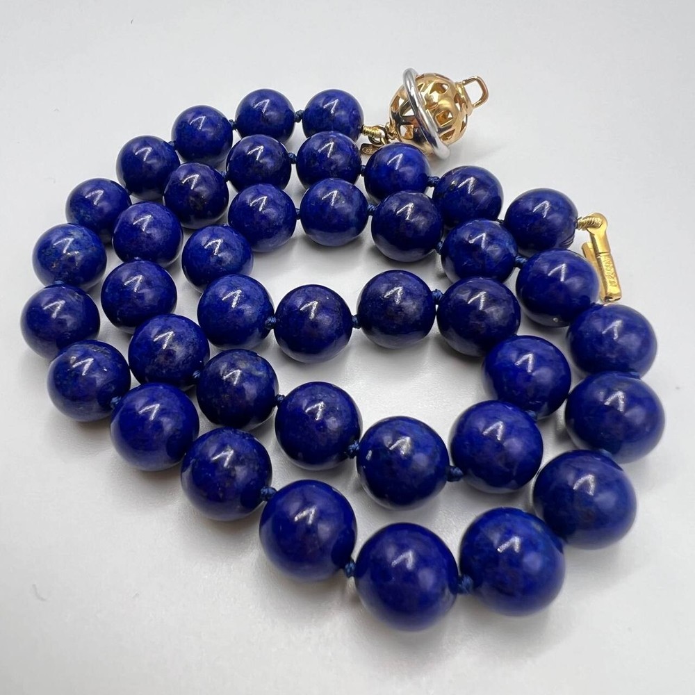 Genuine Vintage Lapis Lazuli Natural Beads Necklace Gilt Silver 925 For Women