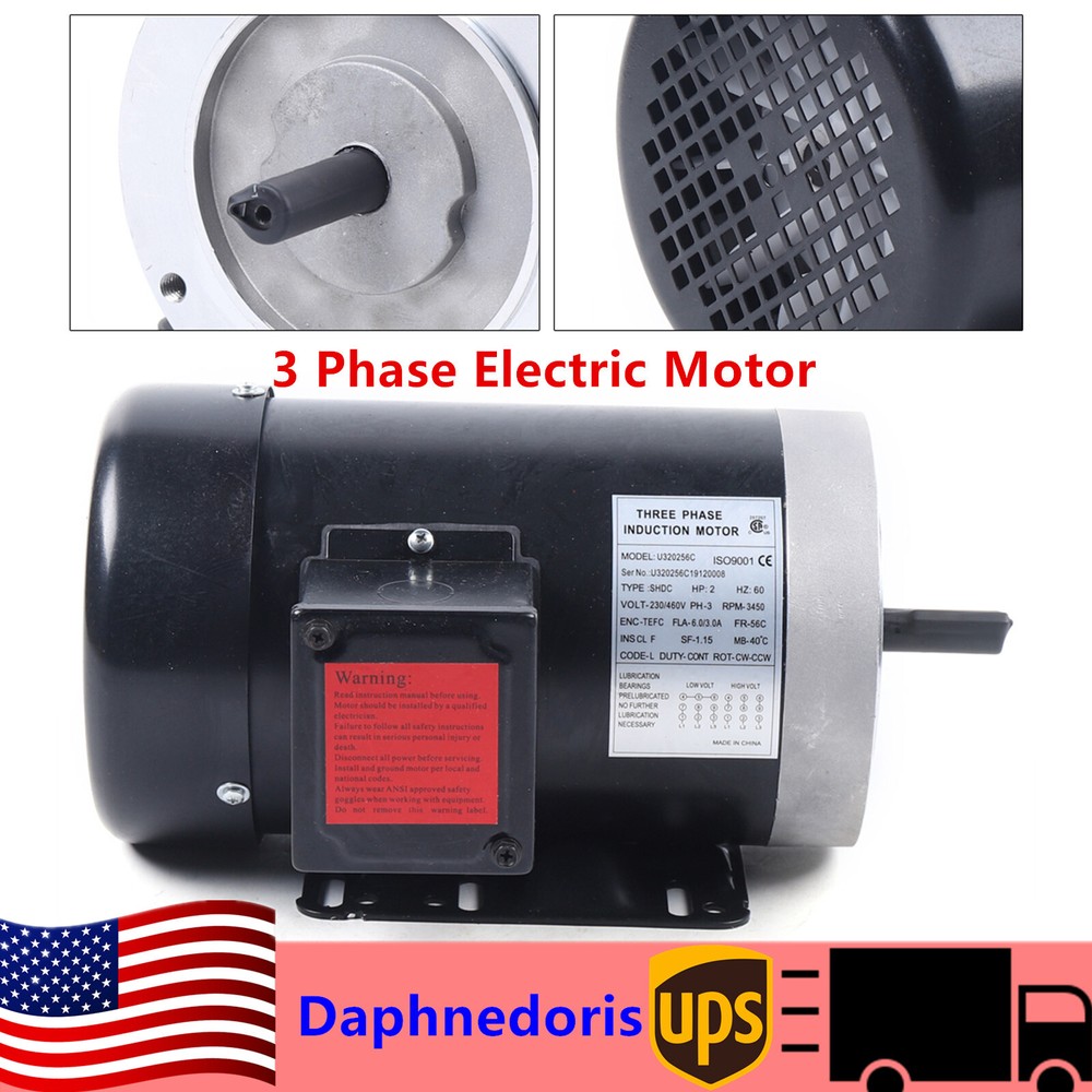 5/8 in Shaft Dia Three Phase Electric Motor 2 HP 3450RPM 56C Motor 60 Hz NEW
