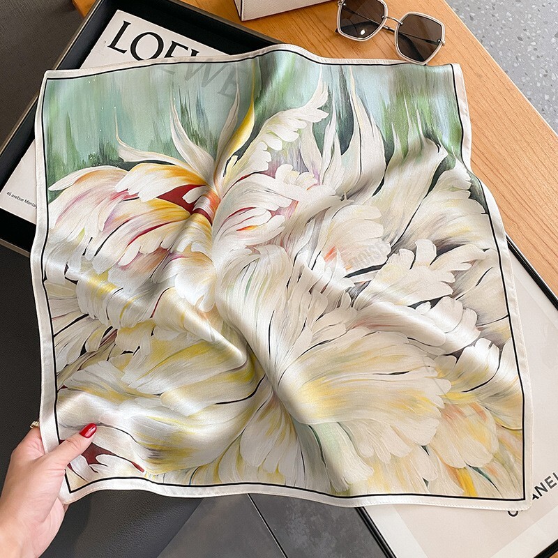100% Silk 21-Inch Square Scarf Floral Beige Womens Bandana Wrap