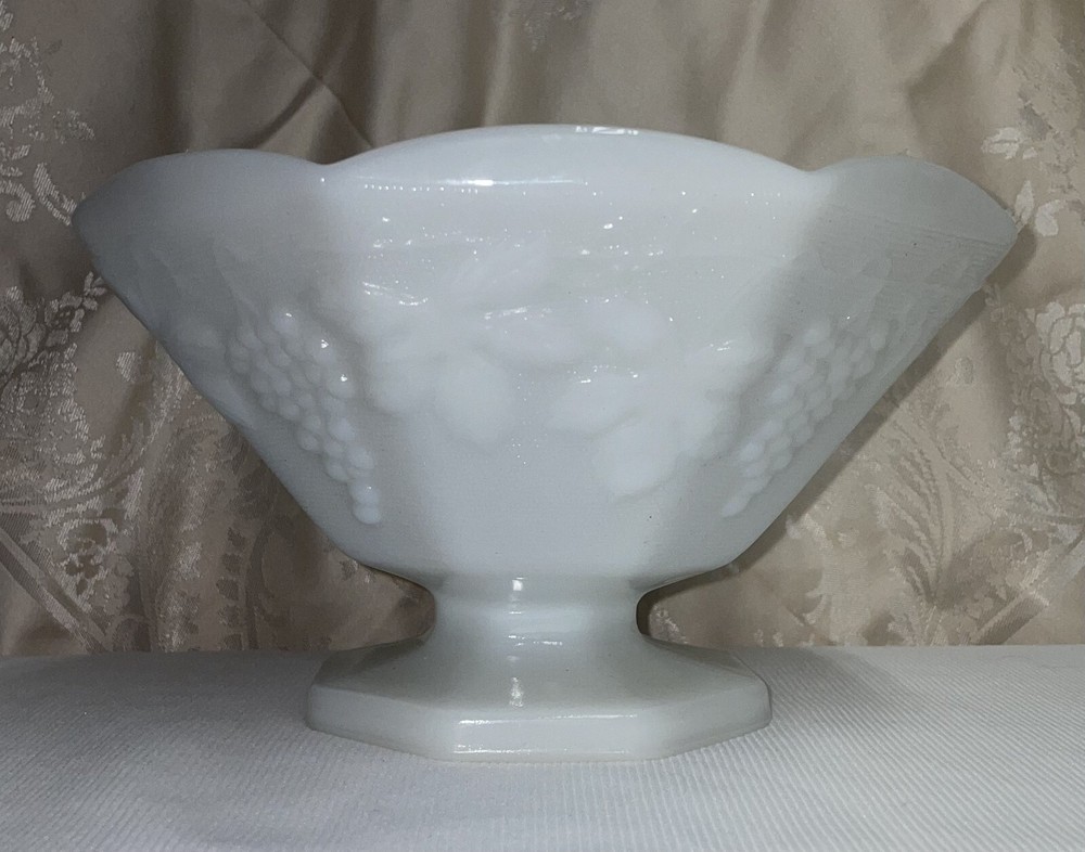 Vintage Anchor Hocking Milk Glass Pedestal Bowl Grape Vine Pattern 5 3/8 Inch