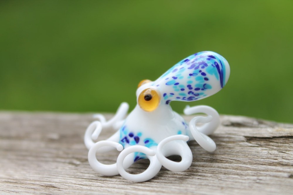 White and Blue Glass Octopus Figurine Small Blown Lampwork Kraken Miniature