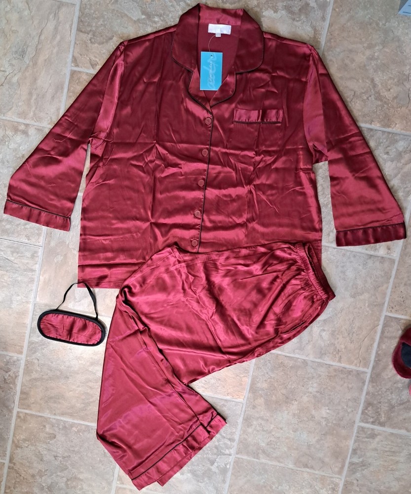 Women Satin Pajamas Burgundy Button Down Size 2X 3pc Mask Alexander Del Rossa