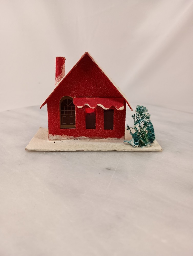 Vintage Red Christmas Japan Putz Mica Cardboard House With Sponge Tree