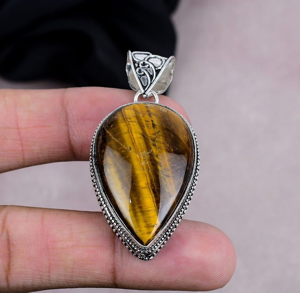 Natural Tiger Eye Gemstone Pendant in 925 Sterling Silver for Her  