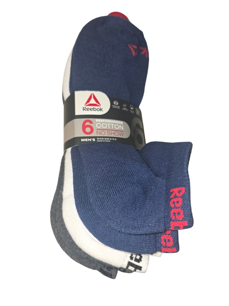 Reebok 6 PK. Performance Cotton No Show Socks Men Sz 6-12.5 Navy Assorted Colors